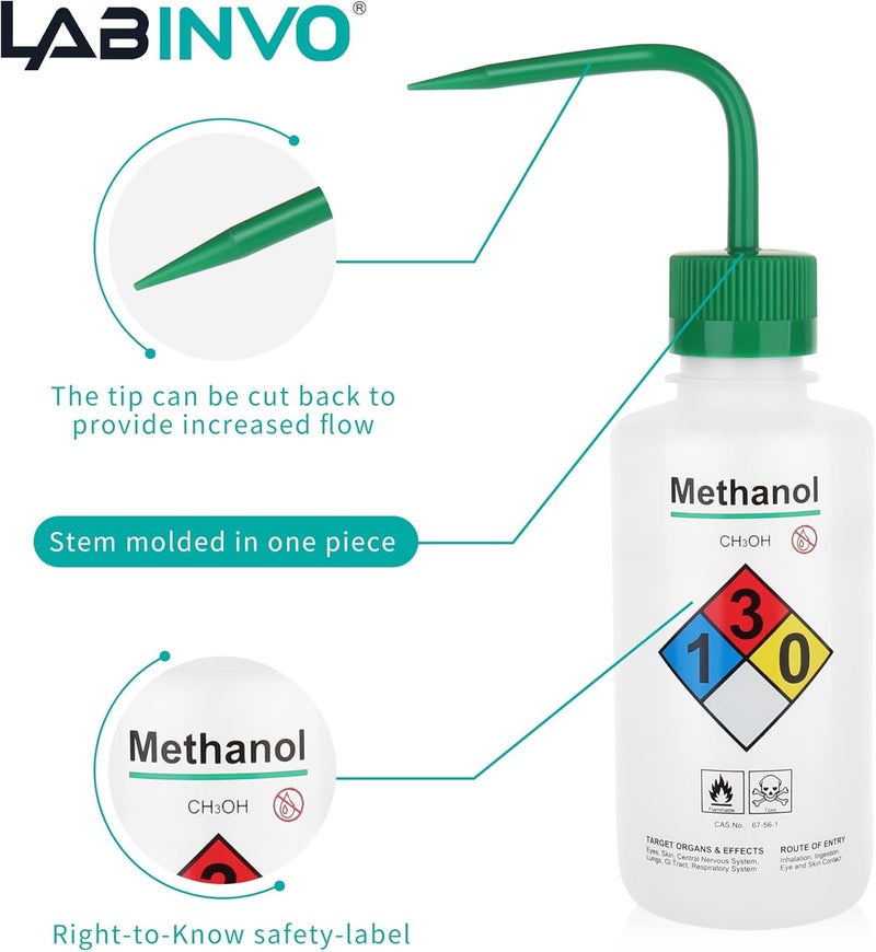 LINVO 4pcs of Methanol Wash Bottles, Vol.500ml (17oz), Narrow Mouth, Self-Venting Safety Wash Bottles, LDPE Material, IN-WBM500 - Image 3